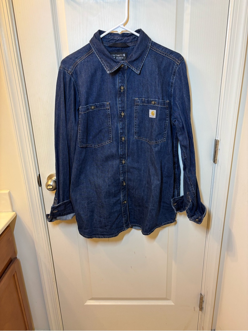 Carhartt Women's L 12-14 Relaxed Fit Denim Shirt Dark Blue Workwear Button Up